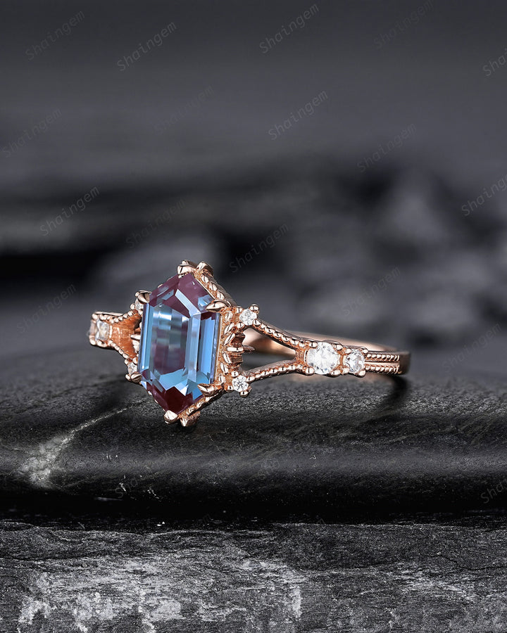 Long Hexagon Cut Alexandrite Engagement Ring, Unique Split Shank Milgrain Wedding Ring, Rose Gold Anniversary Gift Promise Ring for Women - ShainJewelry