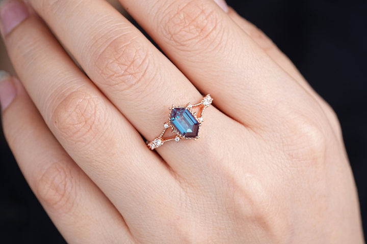 Long Hexagon Cut Alexandrite Engagement Ring, Unique Split Shank Milgrain Wedding Ring, Rose Gold Anniversary Gift Promise Ring for Women - ShainJewelry
