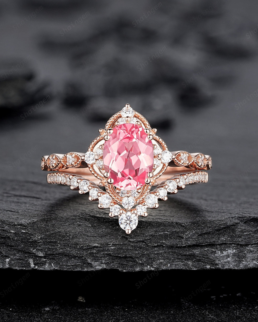 Milgrain Oval Shape Padparadscha Pink Sapphire Floral Engagement Ring, Rose Gold Sapphire Wedding Set, Flower Promise Ring Gift for Women - ShainJewelry