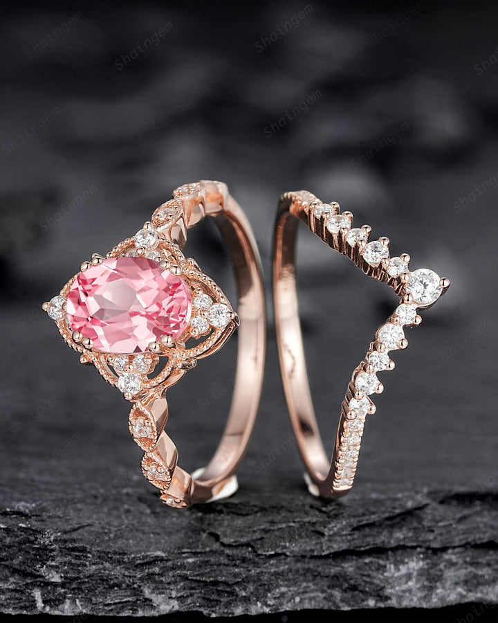 Milgrain Oval Shape Padparadscha Pink Sapphire Floral Engagement Ring, Rose Gold Sapphire Wedding Set, Flower Promise Ring Gift for Women - ShainJewelry