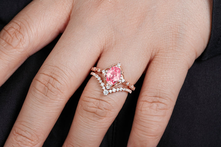 Milgrain Oval Shape Padparadscha Pink Sapphire Floral Engagement Ring, Rose Gold Sapphire Wedding Set, Flower Promise Ring Gift for Women - ShainJewelry