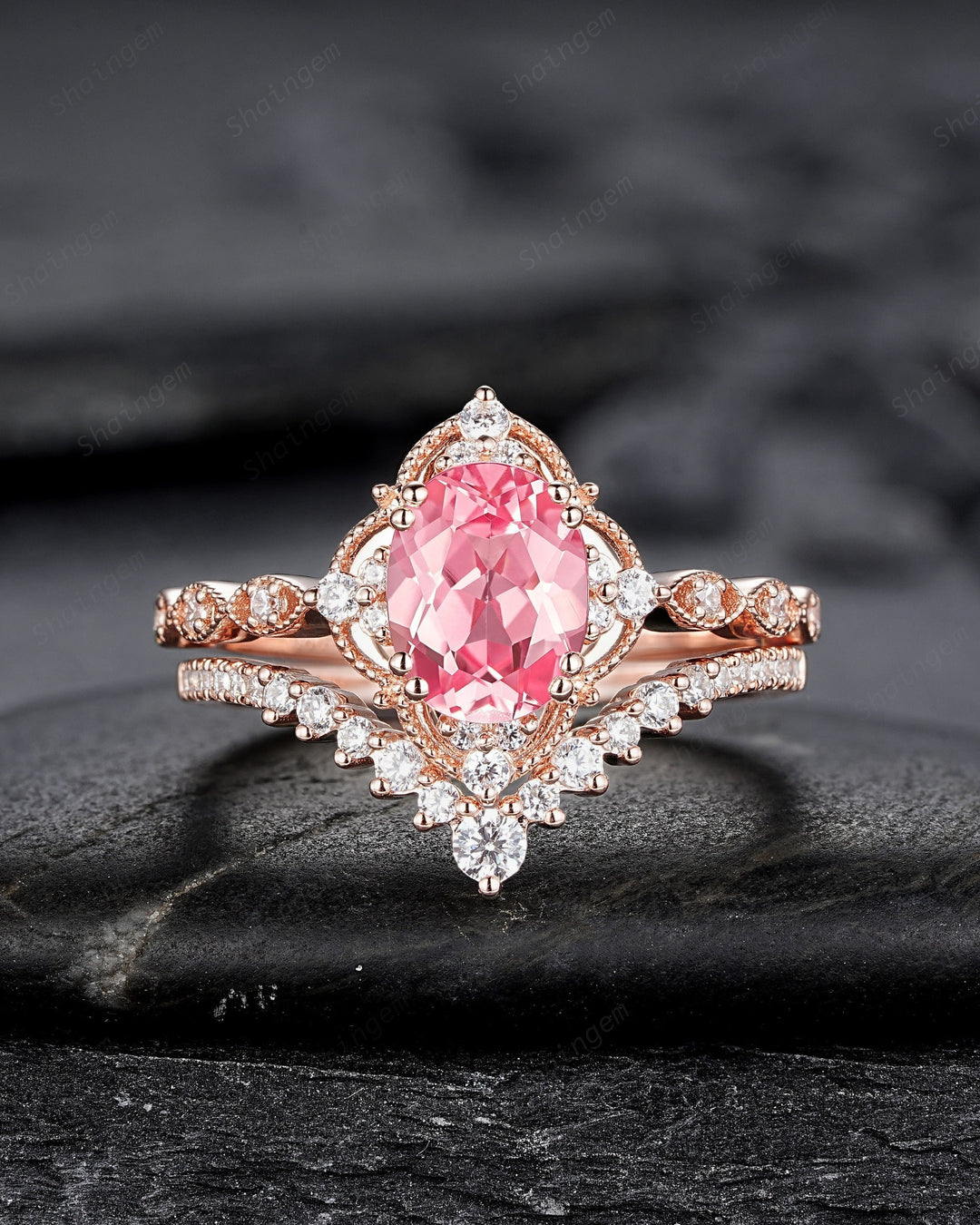 Milgrain Oval Shape Padparadscha Pink Sapphire Floral Engagement Ring, Rose Gold Sapphire Wedding Set, Flower Promise Ring Gift for Women - ShainJewelry