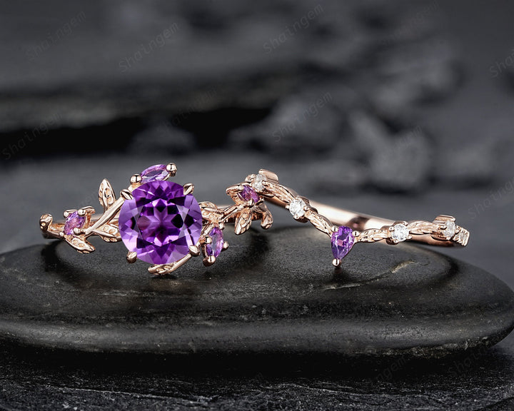 Nature Inspired Purple Amethyst Leaf Engagement Ring Set, Round Cut Amethyst Rose Gold Wedding Set, Twig Branch Bridal Set Anniversary Ring - ShainJewelry