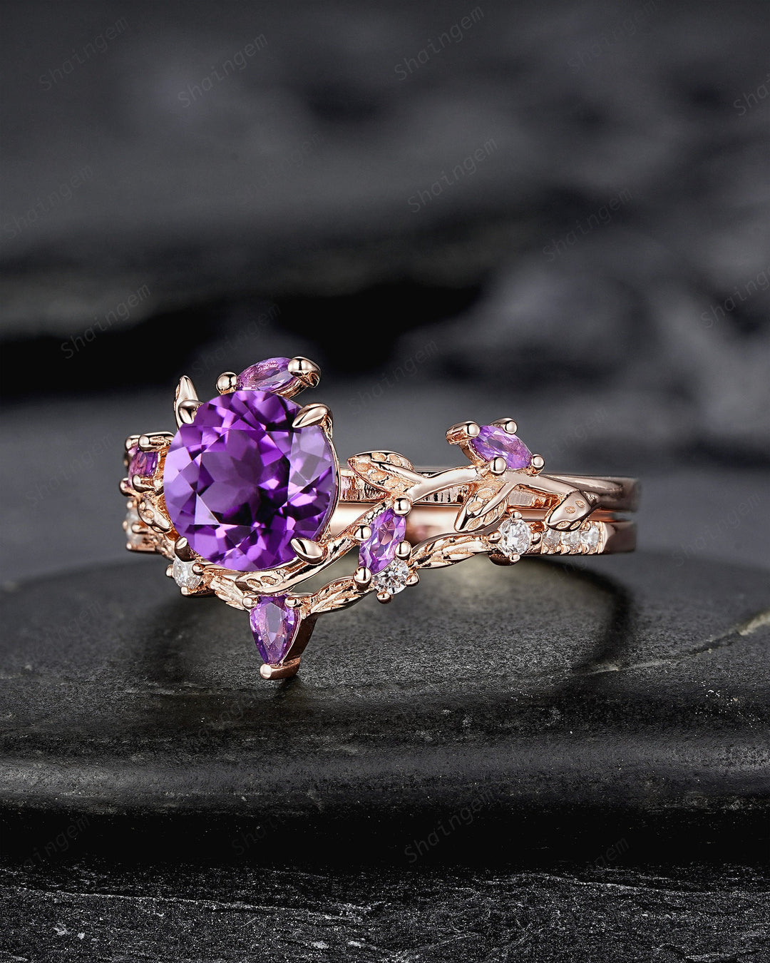 Nature Inspired Purple Amethyst Leaf Engagement Ring Set, Round Cut Amethyst Rose Gold Wedding Set, Twig Branch Bridal Set Anniversary Ring - ShainJewelry