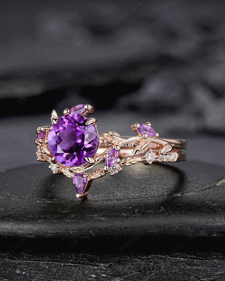 Nature Inspired Purple Amethyst Leaf Engagement Ring Set, Round Cut Amethyst Rose Gold Wedding Set, Twig Branch Bridal Set Anniversary Ring - ShainJewelry