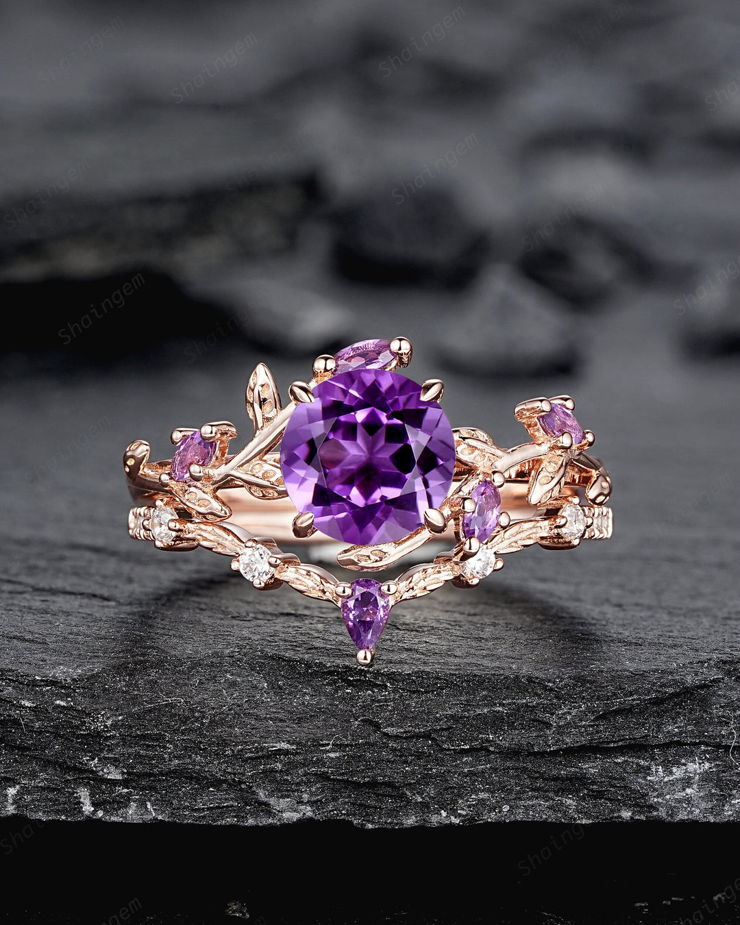 Nature Inspired Purple Amethyst Leaf Engagement Ring Set, Round Cut Amethyst Rose Gold Wedding Set, Twig Branch Bridal Set Anniversary Ring - ShainJewelry