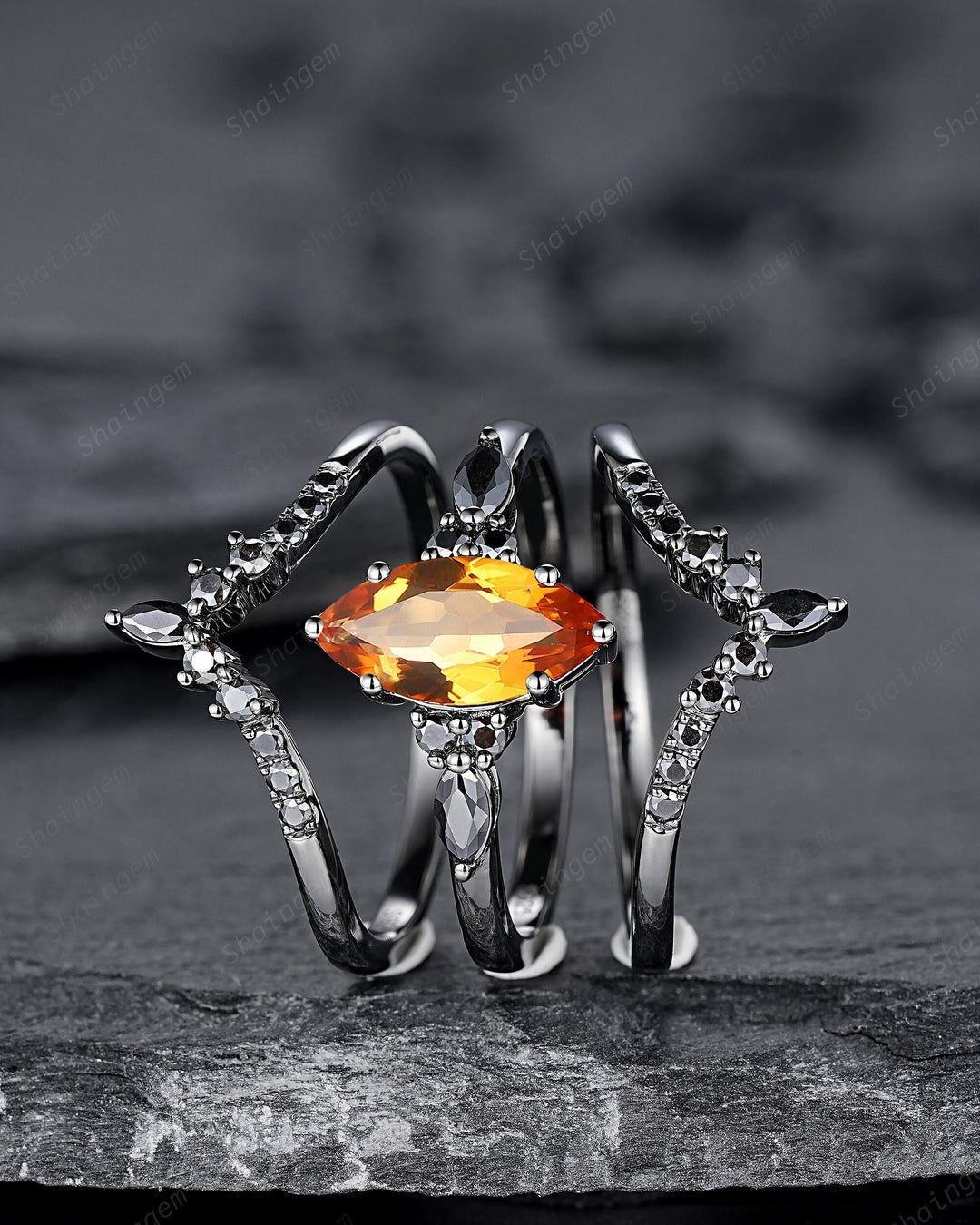3PCS Black Gold Marquise Cut Citrine Engagement Ring Set, Gothic Bridal Set, Black Rhodium Wedding Set, Black Promise Ring Gift for Women - ShainJewelry