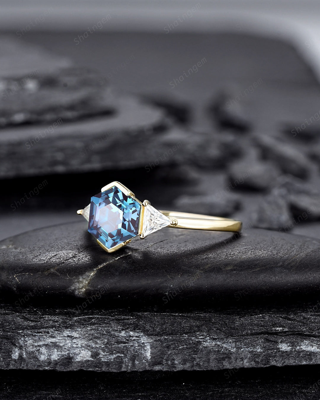 Unique Hexagon Cut Alexandrite Engagement Ring, Vintage Yellow Gold Triangle Moissanite Promise Ring, Half Bezel Three Stone Wedding Ring - ShainJewelry