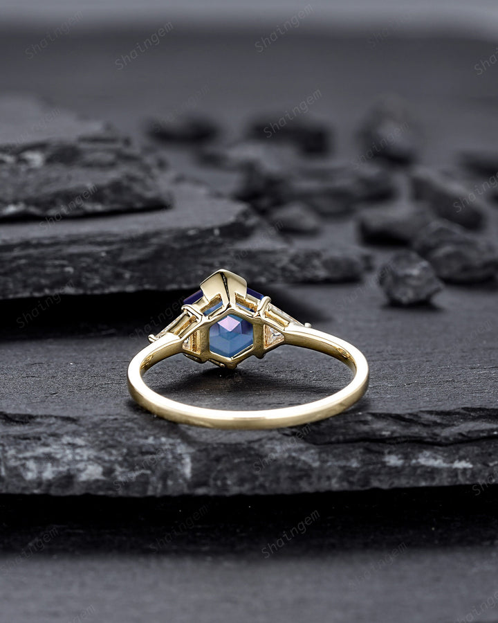 Unique Hexagon Cut Alexandrite Engagement Ring, Vintage Yellow Gold Triangle Moissanite Promise Ring, Half Bezel Three Stone Wedding Ring - ShainJewelry