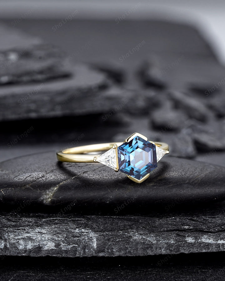 Unique Hexagon Cut Alexandrite Engagement Ring, Vintage Yellow Gold Triangle Moissanite Promise Ring, Half Bezel Three Stone Wedding Ring - ShainJewelry