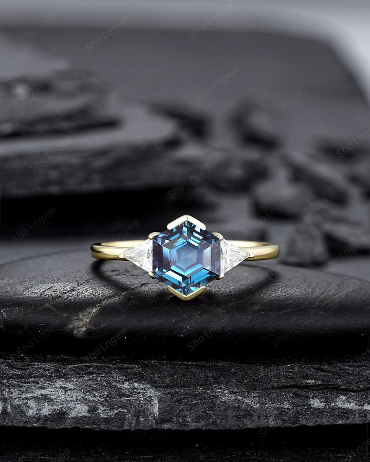 Unique Hexagon Cut Alexandrite Engagement Ring, Vintage Yellow Gold Triangle Moissanite Promise Ring, Half Bezel Three Stone Wedding Ring - ShainJewelry