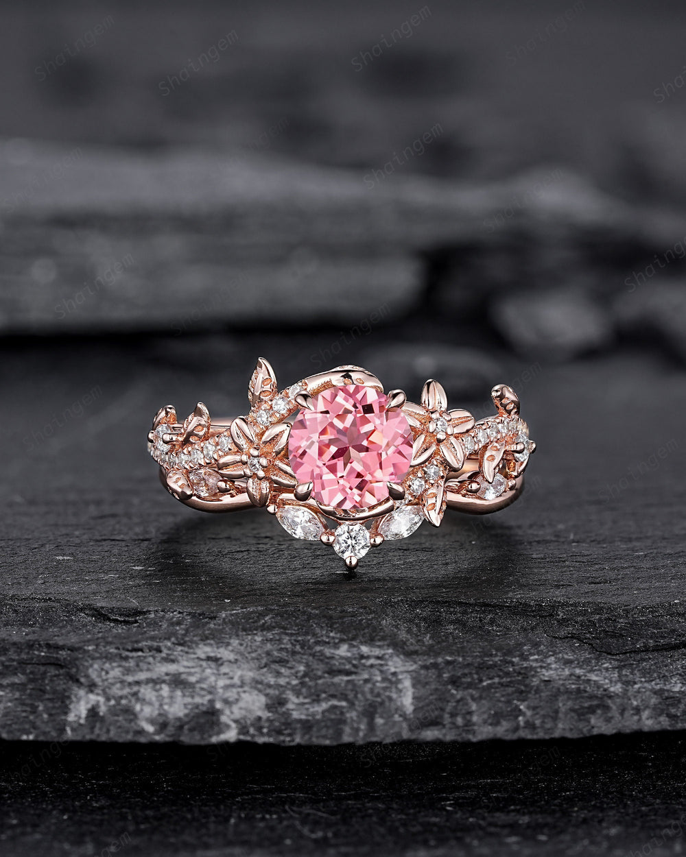 Vintage Round Shape Padparadscha Pink Sapphire Floral Engagement Ring, Rose Gold Twist Leaf Wedding Set, Nature Inspired Flower Promise Ring - ShainJewelry