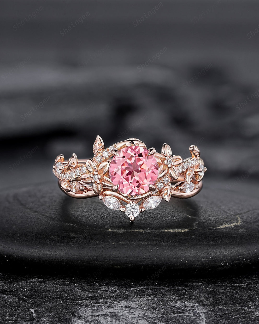 Vintage Round Shape Padparadscha Pink Sapphire Floral Engagement Ring, Rose Gold Twist Leaf Wedding Set, Nature Inspired Flower Promise Ring - ShainJewelry