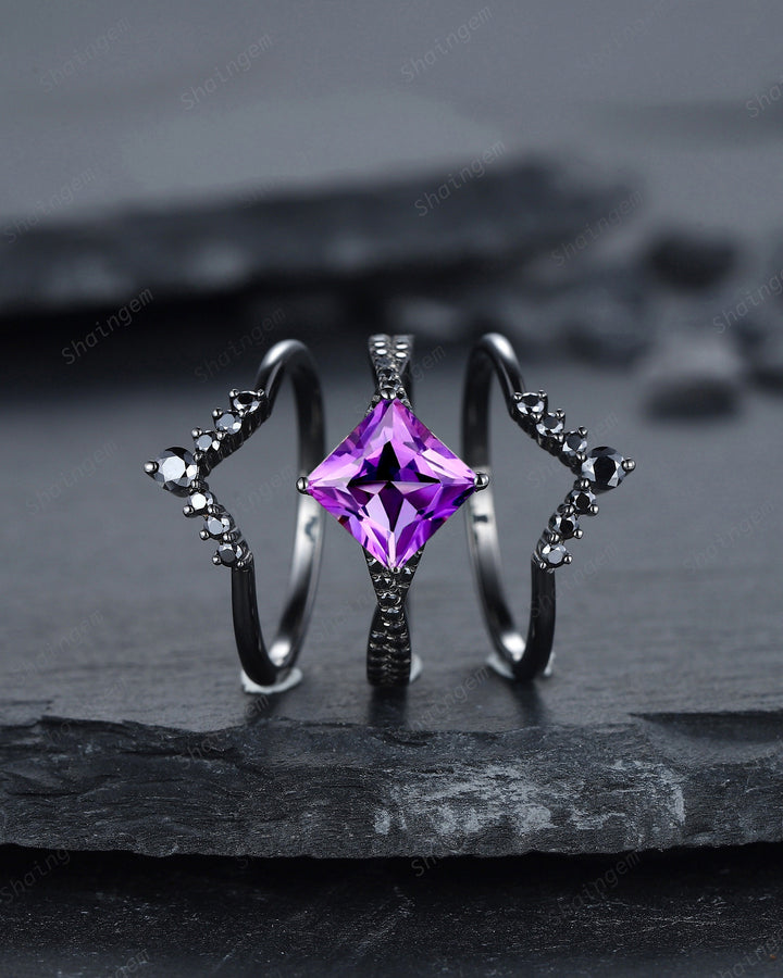Vintage 3PCS Princess Cut Amethyst Black Engagement Ring Set, Gothic Punk Bridal Set, Black Rhodium Wedding Set, Black Promise Ring Gift - ShainJewelry