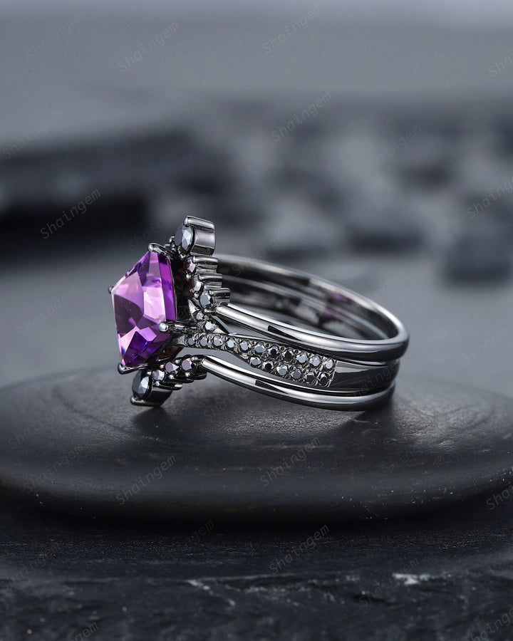 Vintage 3PCS Princess Cut Amethyst Black Engagement Ring Set, Gothic Punk Bridal Set, Black Rhodium Wedding Set, Black Promise Ring Gift - ShainJewelry