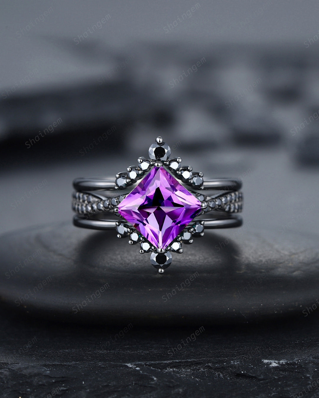 Vintage 3PCS Princess Cut Amethyst Black Engagement Ring Set, Gothic Punk Bridal Set, Black Rhodium Wedding Set, Black Promise Ring Gift - ShainJewelry