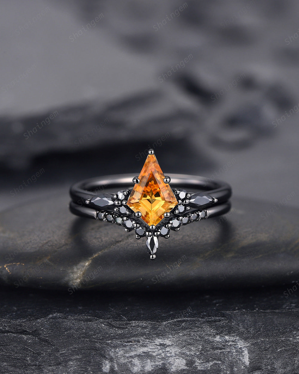 Black Rhodium Kite Shape Citrine Engagement Ring Set, Unique Black Promise Ring, Black Wedding Ring , Gothic Black Bridal Set for Women - ShainJewelry