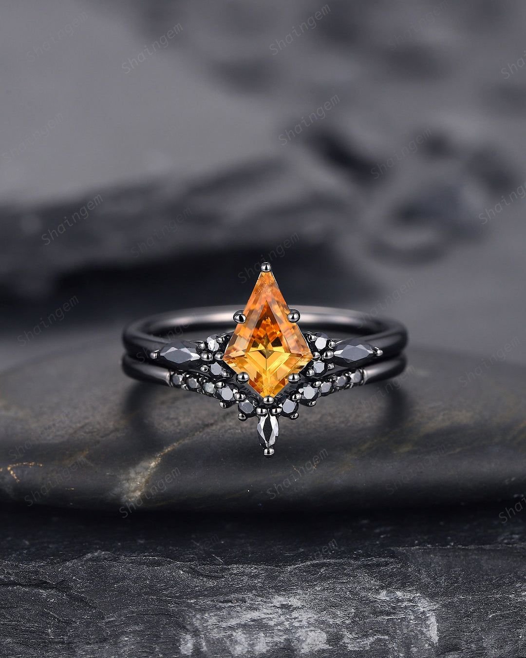 Black Rhodium Kite Shape Citrine Engagement Ring Set, Unique Black Promise Ring, Black Wedding Ring , Gothic Black Bridal Set for Women - ShainJewelry