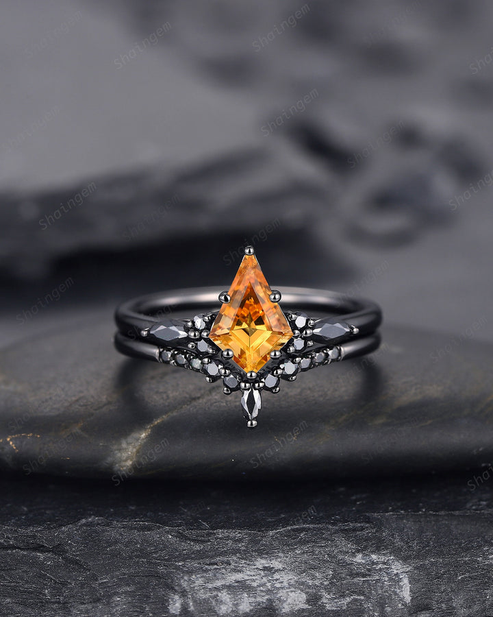 Black Rhodium Kite Shape Citrine Engagement Ring Set, Unique Black Promise Ring, Black Wedding Ring , Gothic Black Bridal Set for Women - ShainJewelry