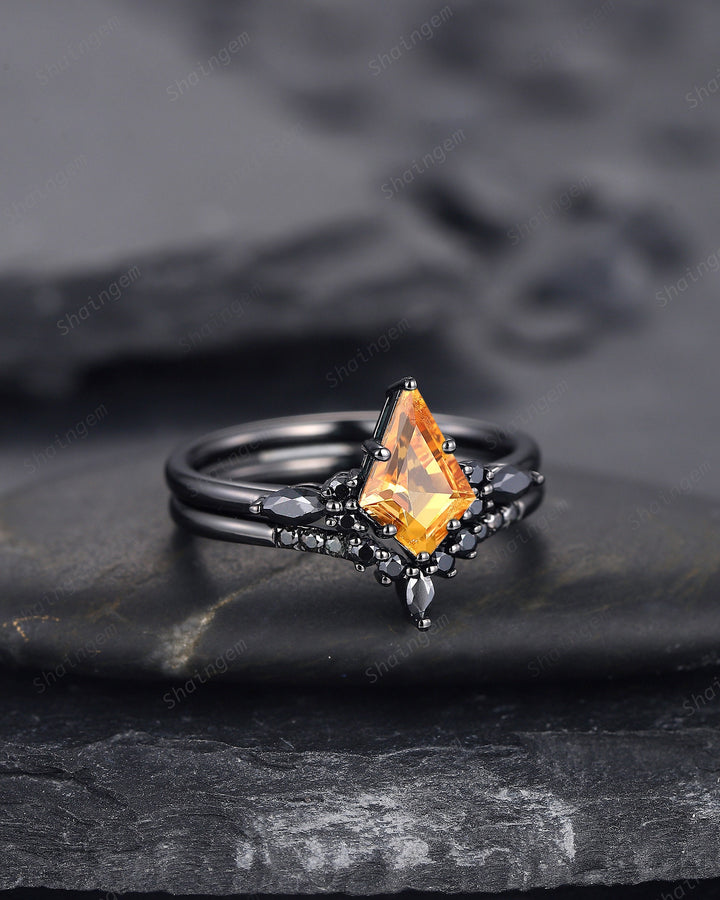 Black Rhodium Kite Shape Citrine Engagement Ring Set, Unique Black Promise Ring, Black Wedding Ring , Gothic Black Bridal Set for Women - ShainJewelry