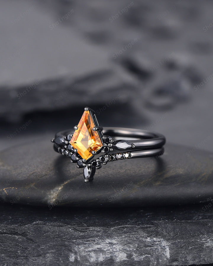 Black Rhodium Kite Shape Citrine Engagement Ring Set, Unique Black Promise Ring, Black Wedding Ring , Gothic Black Bridal Set for Women - ShainJewelry