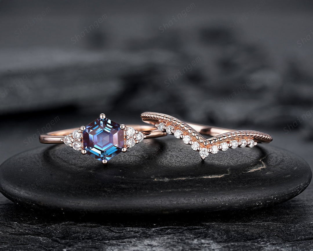 Unique Hexagon Alexandrite Engagement Ring, Vintage Alexandrite Wedding Ring, Milgrain Rose Gold June Birthstone Promise Ring, Art Deco Ring - ShainJewelry