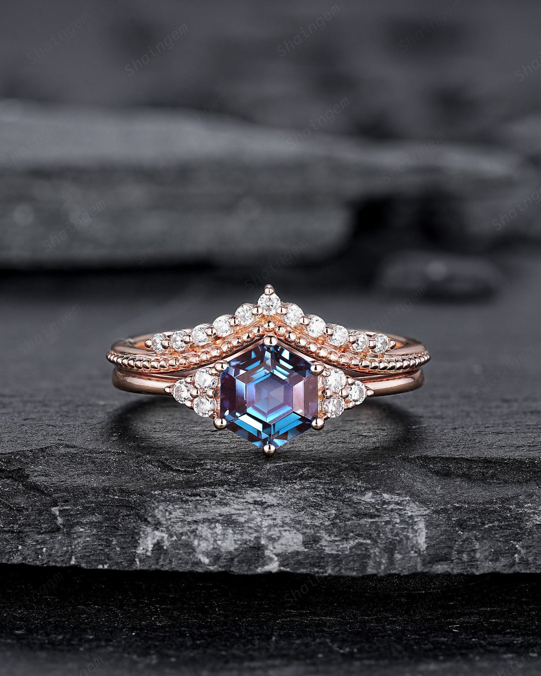 Unique Hexagon Alexandrite Engagement Ring, Vintage Alexandrite Wedding Ring, Milgrain Rose Gold June Birthstone Promise Ring, Art Deco Ring - ShainJewelry