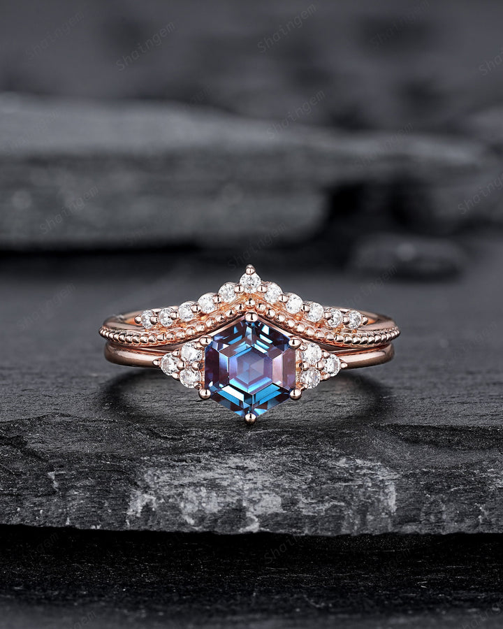 Unique Hexagon Alexandrite Engagement Ring, Vintage Alexandrite Wedding Ring, Milgrain Rose Gold June Birthstone Promise Ring, Art Deco Ring - ShainJewelry