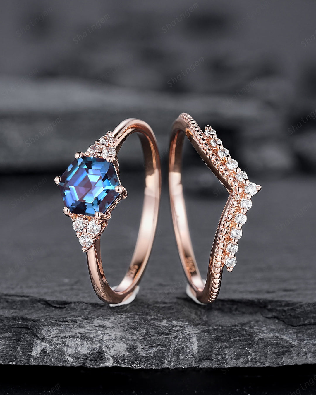 Unique Hexagon Alexandrite Engagement Ring, Vintage Alexandrite Wedding Ring, Milgrain Rose Gold June Birthstone Promise Ring, Art Deco Ring - ShainJewelry