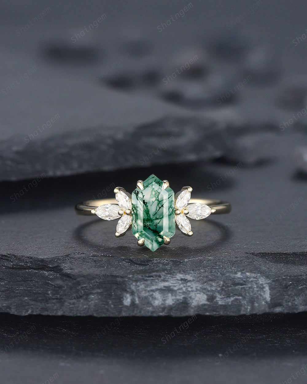 Vintage Hexagon Cut Moss Agate Cluster Engagement Ring, Yellow Gold Moss Agate Promise Ring, Silver Wedding Ring Anniversary Gift for Women - ShainJewelry