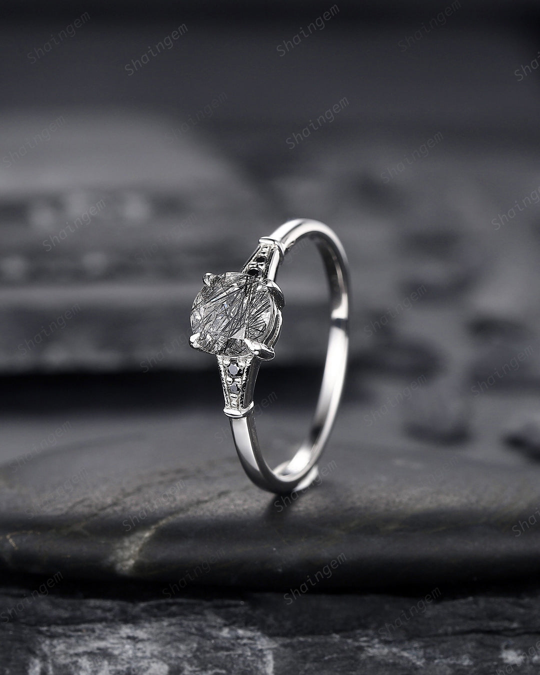 Platinum Round Shape Black Rutilated Quartz Engagement Ring, Vintage 14K White Gold Promise Ring, Silver Black Hair Wedding Anniversary Ring - ShainJewelry