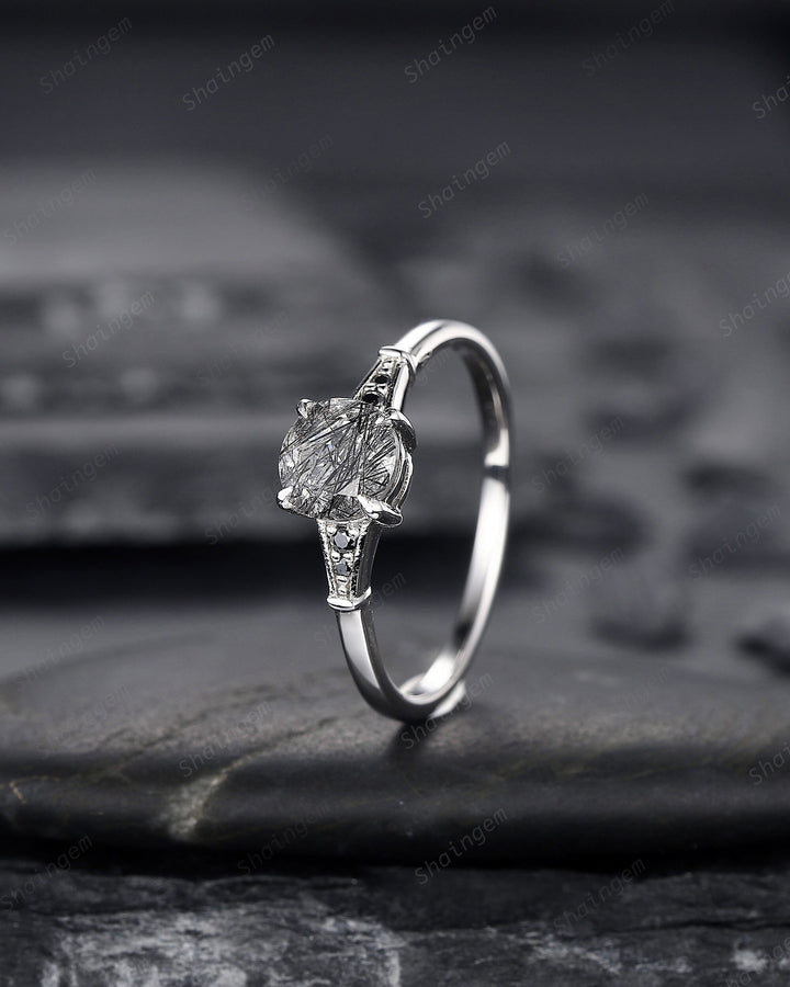 Platinum Round Shape Black Rutilated Quartz Engagement Ring, Vintage 14K White Gold Promise Ring, Silver Black Hair Wedding Anniversary Ring - ShainJewelry