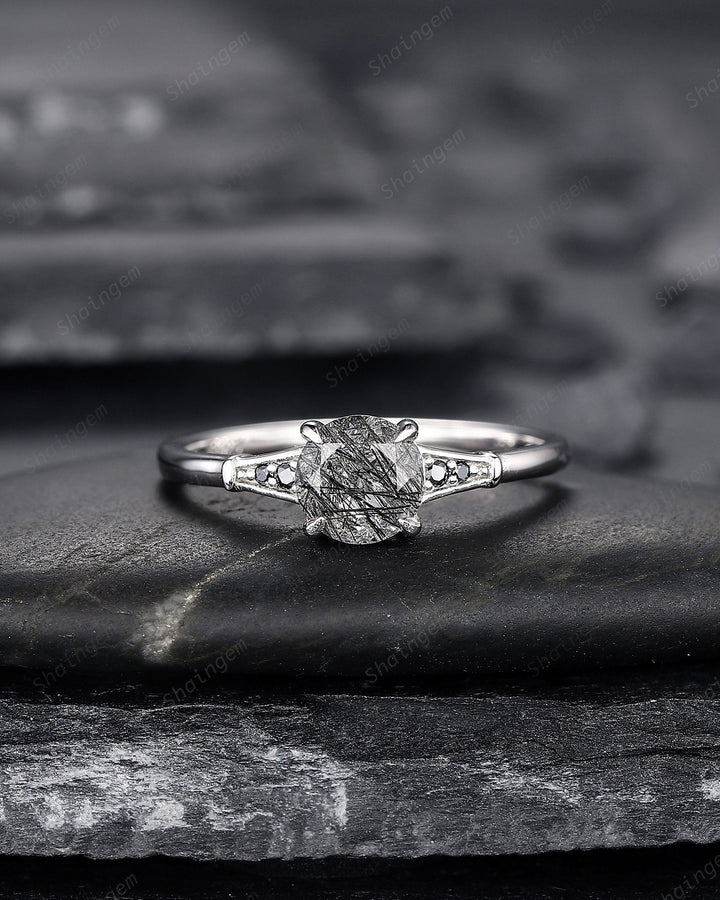 Platinum Round Shape Black Rutilated Quartz Engagement Ring, Vintage 14K White Gold Promise Ring, Silver Black Hair Wedding Anniversary Ring - ShainJewelry