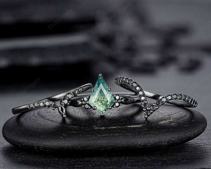 3PCS Gothic Kite Cut Moss Agate Black Engagement Ring Set, Witchy Black Gold Promise Ring, Vintage Rhodium Black Wedding Ring Gift for Women - ShainJewelry