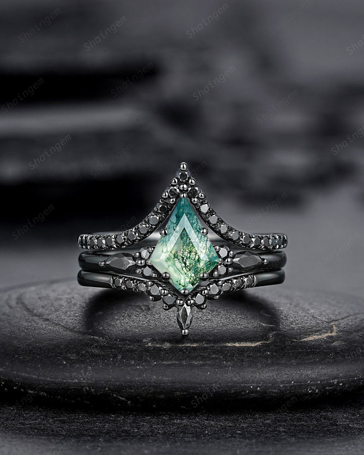 3PCS Gothic Kite Cut Moss Agate Black Engagement Ring Set, Witchy Black Gold Promise Ring, Vintage Rhodium Black Wedding Ring Gift for Women - ShainJewelry