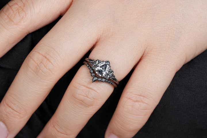 Gothic Pear Shape Gray Moissanite Black Engagement Ring, Unique Black Rhodium Wedding Set, Punk Promise Ring for Women, Vintage Bridal Set - ShainJewelry
