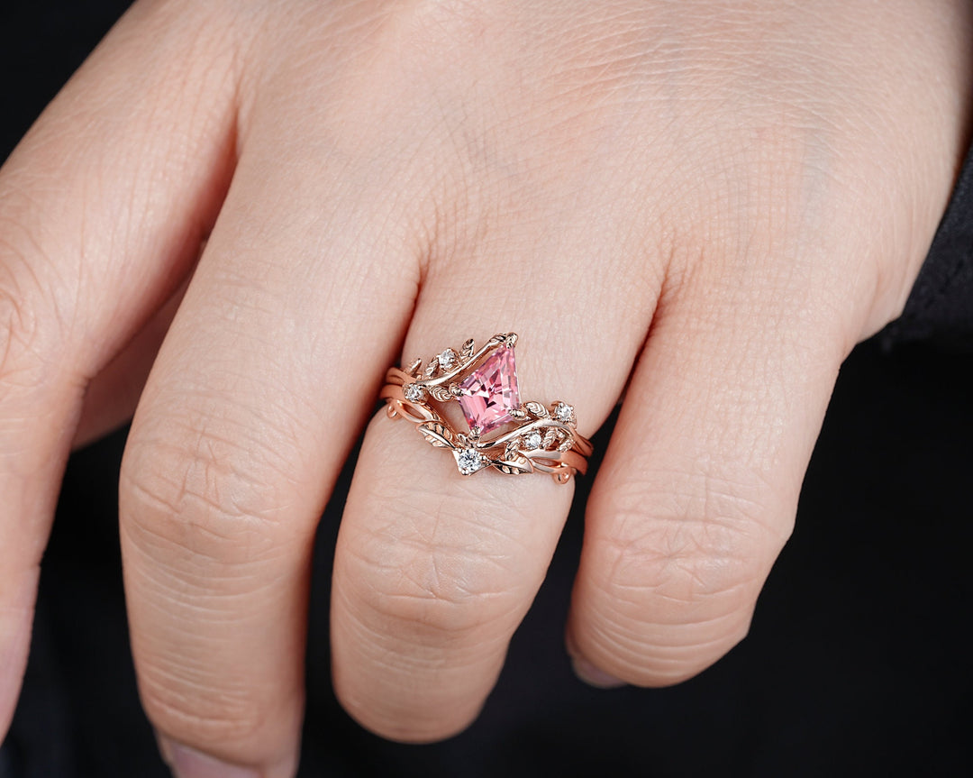 Vintage Kite Cut Padparadscha Pink Sapphire Leaf Engagement Ring, Rose Gold Twig Branch Wedding Set, Nature Inspired Promise Ring for Women - ShainJewelry