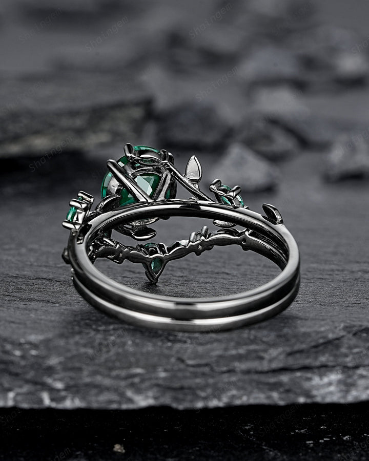 Vintage Black Gold Round Shape Emerald Leaf Engagement Ring, Unique Rhodium Black Twig Branch Wedding Set Witchy Promise Ring Gift for Women - ShainJewelry