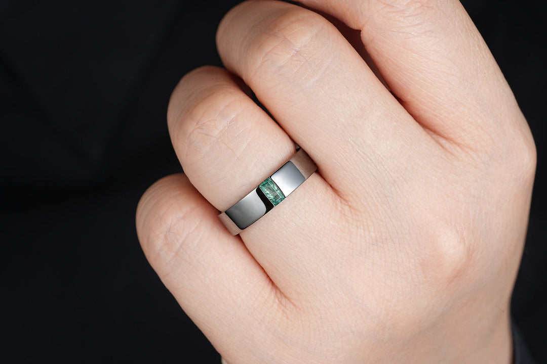 Black Gold Moss Agate Men's Engagement Band, Baguette Agate Men's Straight Wedding Band, Gothic Promise Ring, Black Rhodium Anniversary Ring - ShainJewelry