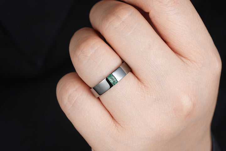 Black Gold Moss Agate Men's Engagement Band, Baguette Agate Men's Straight Wedding Band, Gothic Promise Ring, Black Rhodium Anniversary Ring - ShainJewelry