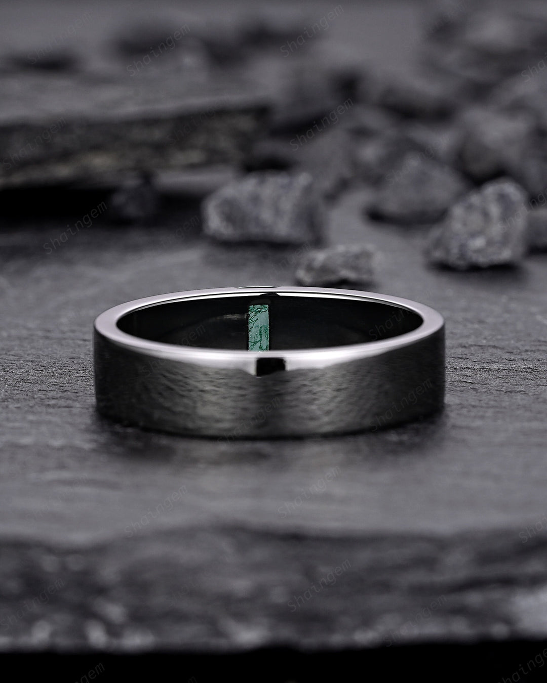 Black Gold Moss Agate Men's Engagement Band, Baguette Agate Men's Straight Wedding Band, Gothic Promise Ring, Black Rhodium Anniversary Ring - ShainJewelry