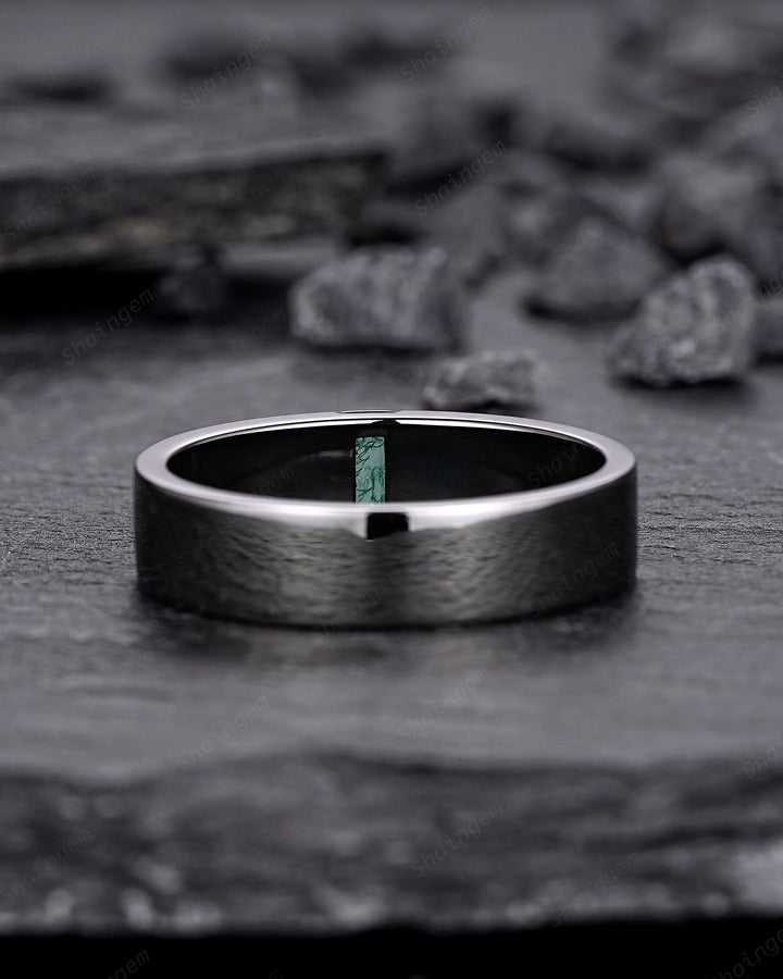 Black Gold Moss Agate Men's Engagement Band, Baguette Agate Men's Straight Wedding Band, Gothic Promise Ring, Black Rhodium Anniversary Ring - ShainJewelry