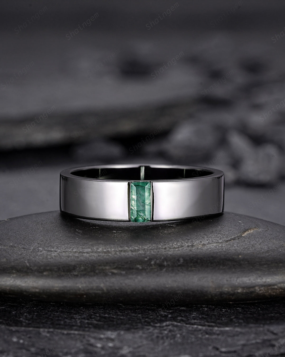 Black Gold Moss Agate Men's Engagement Band, Baguette Agate Men's Straight Wedding Band, Gothic Promise Ring, Black Rhodium Anniversary Ring - ShainJewelry