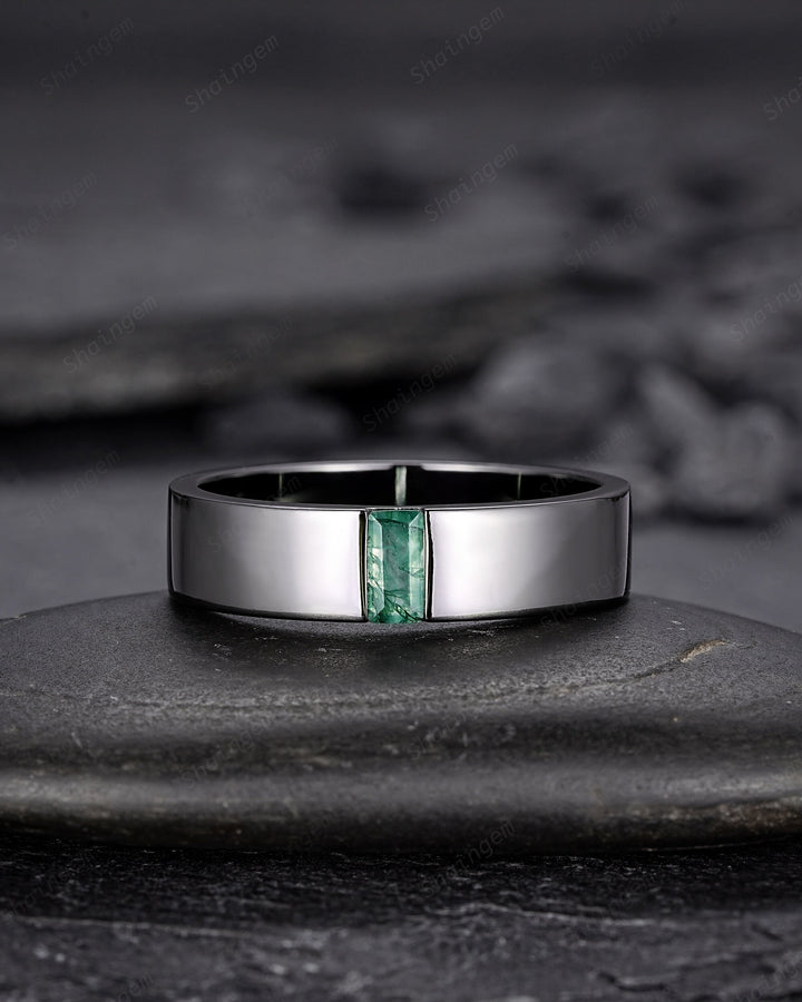 Black Gold Moss Agate Men's Engagement Band, Baguette Agate Men's Straight Wedding Band, Gothic Promise Ring, Black Rhodium Anniversary Ring - ShainJewelry