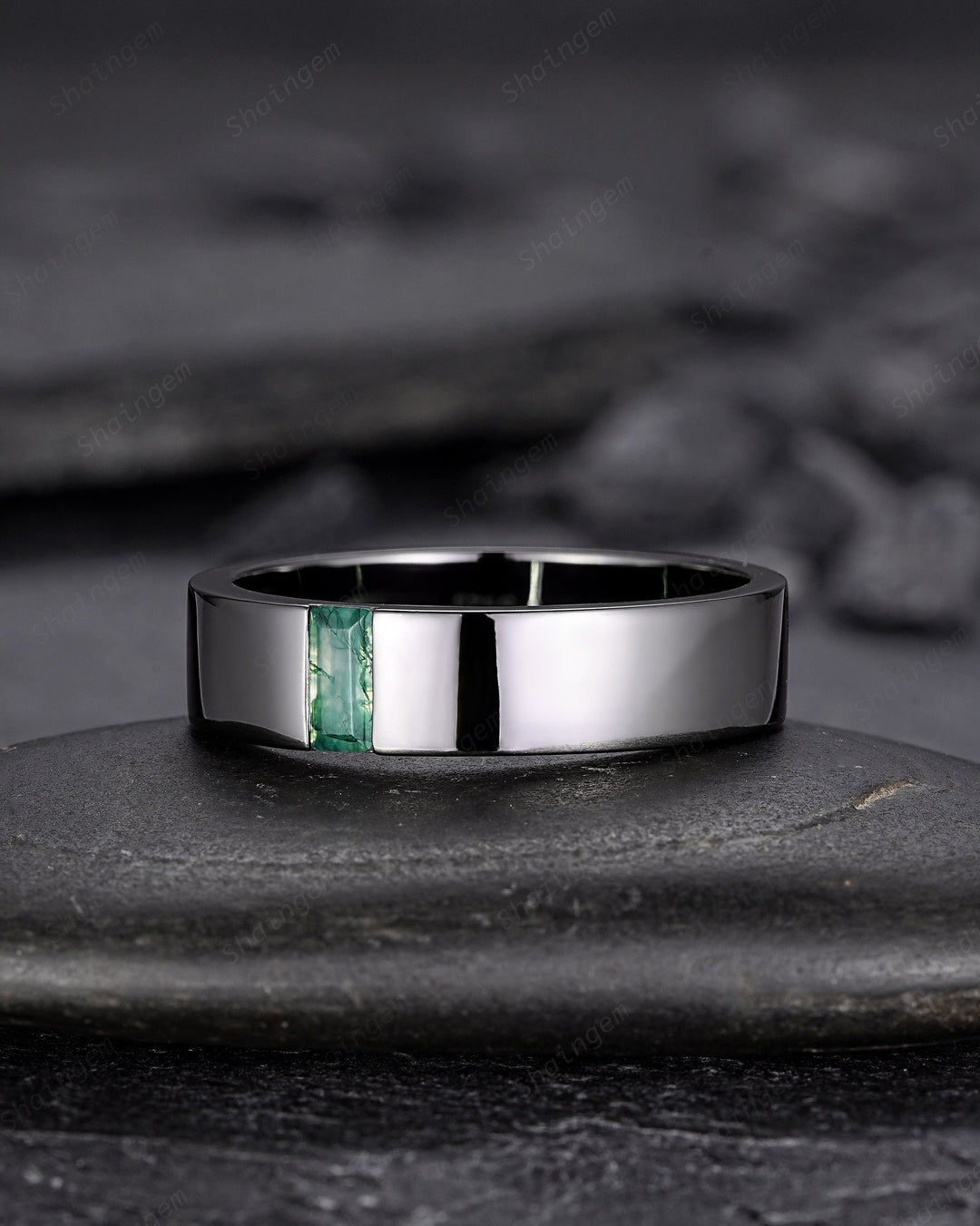Black Gold Moss Agate Men's Engagement Band, Baguette Agate Men's Straight Wedding Band, Gothic Promise Ring, Black Rhodium Anniversary Ring - ShainJewelry