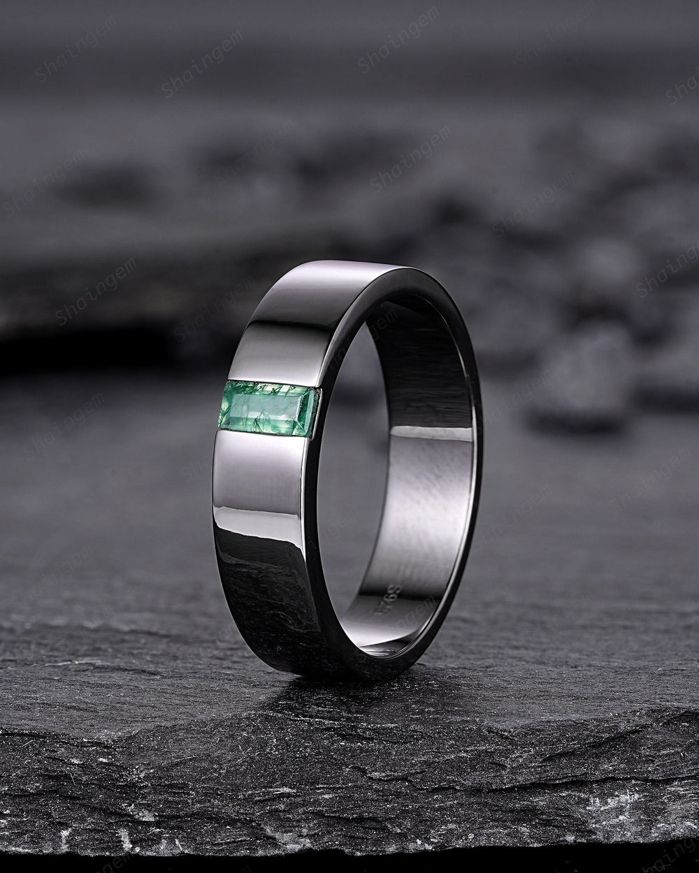 Black Gold Moss Agate Men's Engagement Band, Baguette Agate Men's Straight Wedding Band, Gothic Promise Ring, Black Rhodium Anniversary Ring - ShainJewelry