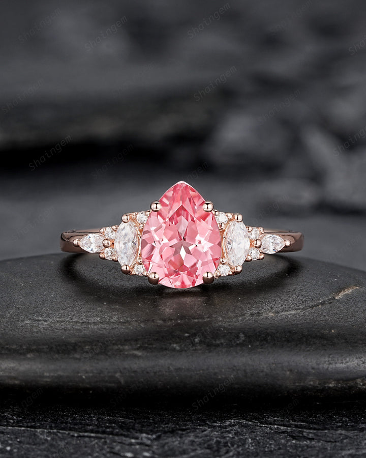 Pear Shape Padparadscha Pink Sapphire Engagement Ring Set, Unique Sapphire Bridal Set, 14K Rose Gold Promise Ring Wedding Ring for Women - ShainJewelry