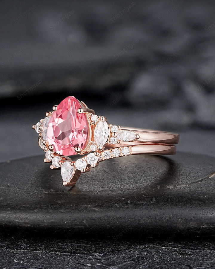 Pear Shape Padparadscha Pink Sapphire Engagement Ring Set, Unique Sapphire Bridal Set, 14K Rose Gold Promise Ring Wedding Ring for Women - ShainJewelry