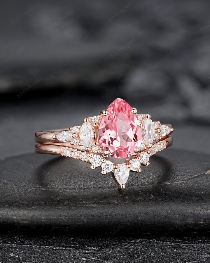 Pear Shape Padparadscha Pink Sapphire Engagement Ring Set, Unique Sapphire Bridal Set, 14K Rose Gold Promise Ring Wedding Ring for Women - ShainJewelry