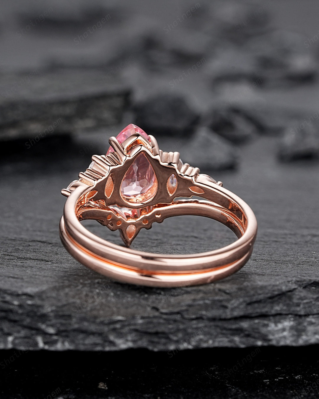 Pear Shape Padparadscha Pink Sapphire Engagement Ring Set, Unique Sapphire Bridal Set, 14K Rose Gold Promise Ring Wedding Ring for Women - ShainJewelry